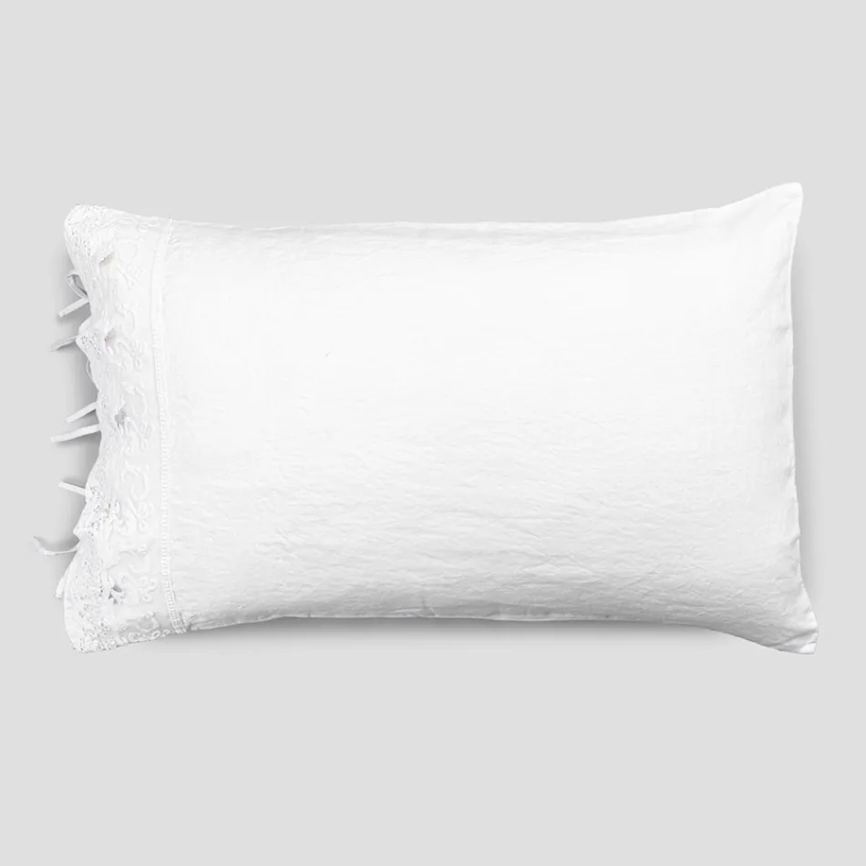 Funda de Almohada de Lino con Encaje Blanco para Cama de Diseño de Lujo Made in Italy - Kiss viadurini