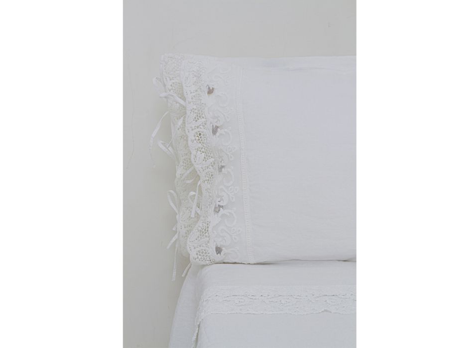 Funda de Almohada de Lino con Encaje Blanco para Cama de Diseño de Lujo Made in Italy - Kiss viadurini