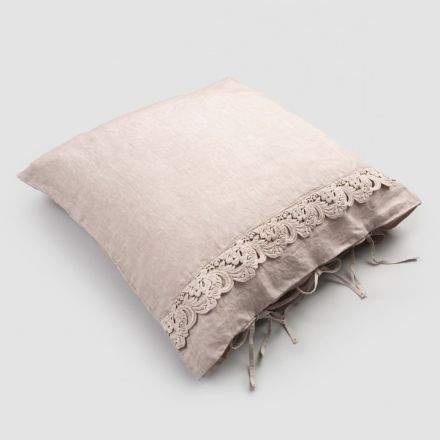 Funda de almohada de lino con encaje Armonia y cordones en polvo o espalda - Masone viadurini
