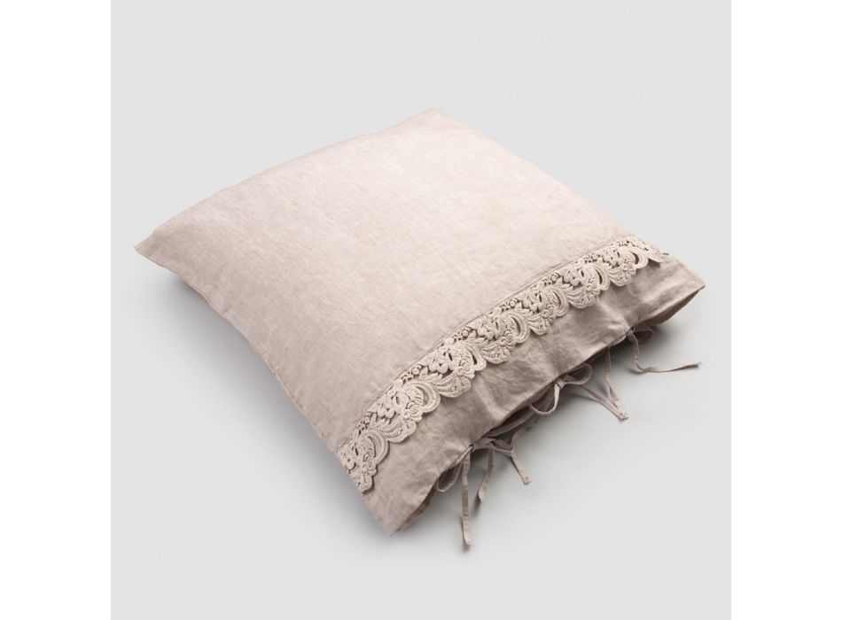Funda de almohada de lino con encaje Armonia y cordones en polvo o espalda - Masone viadurini