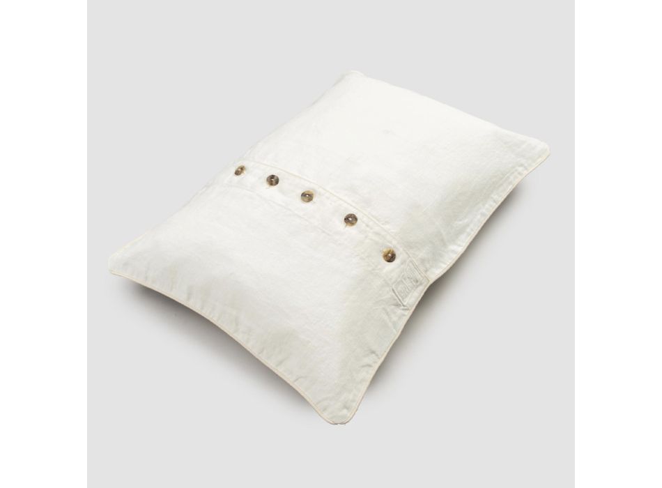Funda de almohada de lino grueso con decoración de botones Agoya y ribetes - Mediterráneo viadurini