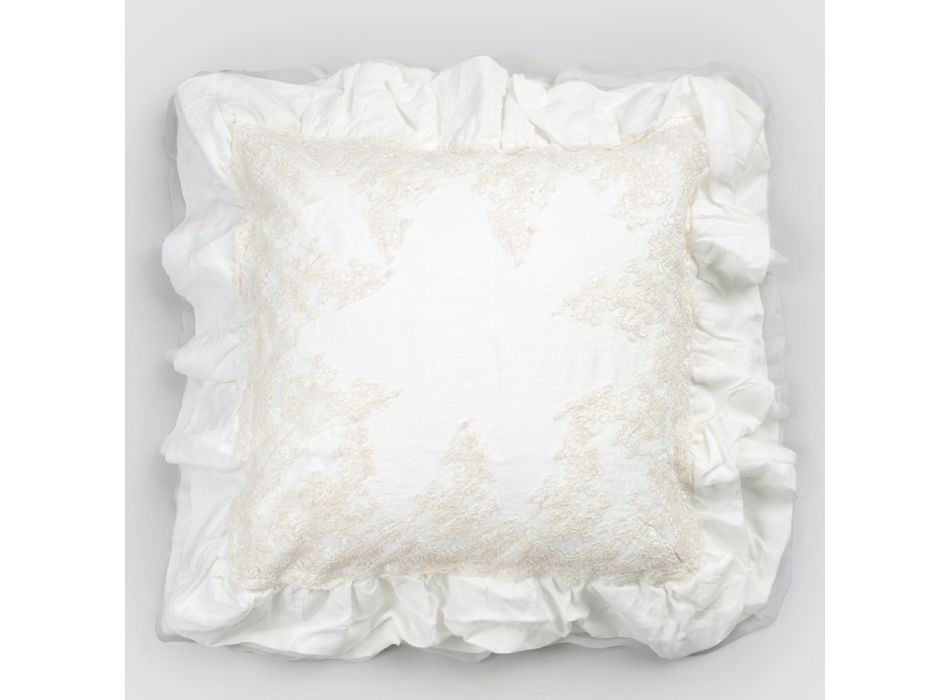 Funda de almohada cuadrada de lino blanco con puntilla decorativa en los bordes y volantes - Priscilla viadurini