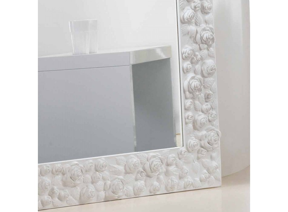 Gran espejo piso / pared blanca con la flor marco de madera viadurini