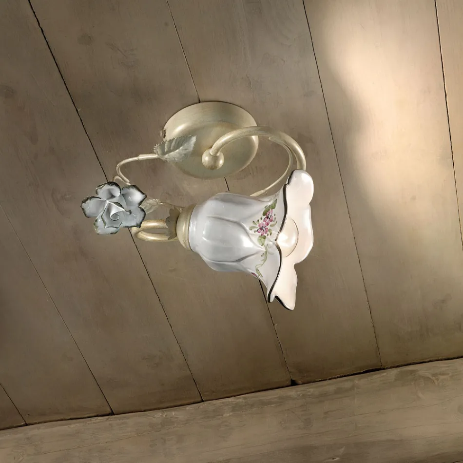 Lámpara de Techo en Metal y Cerámica con Rosa Pintada a Mano - Pisa viadurini