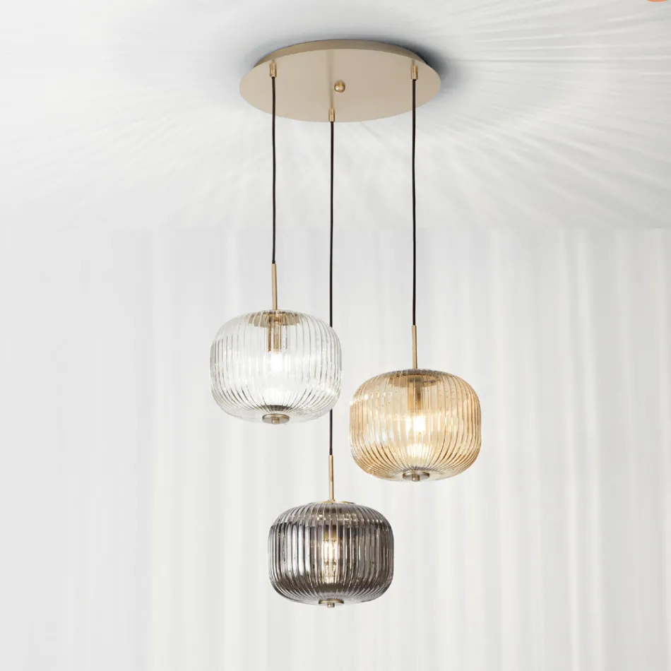 Lámpara de suspensión 3 luces en vidrio soplado coloreado y metal - Trissa viadurini