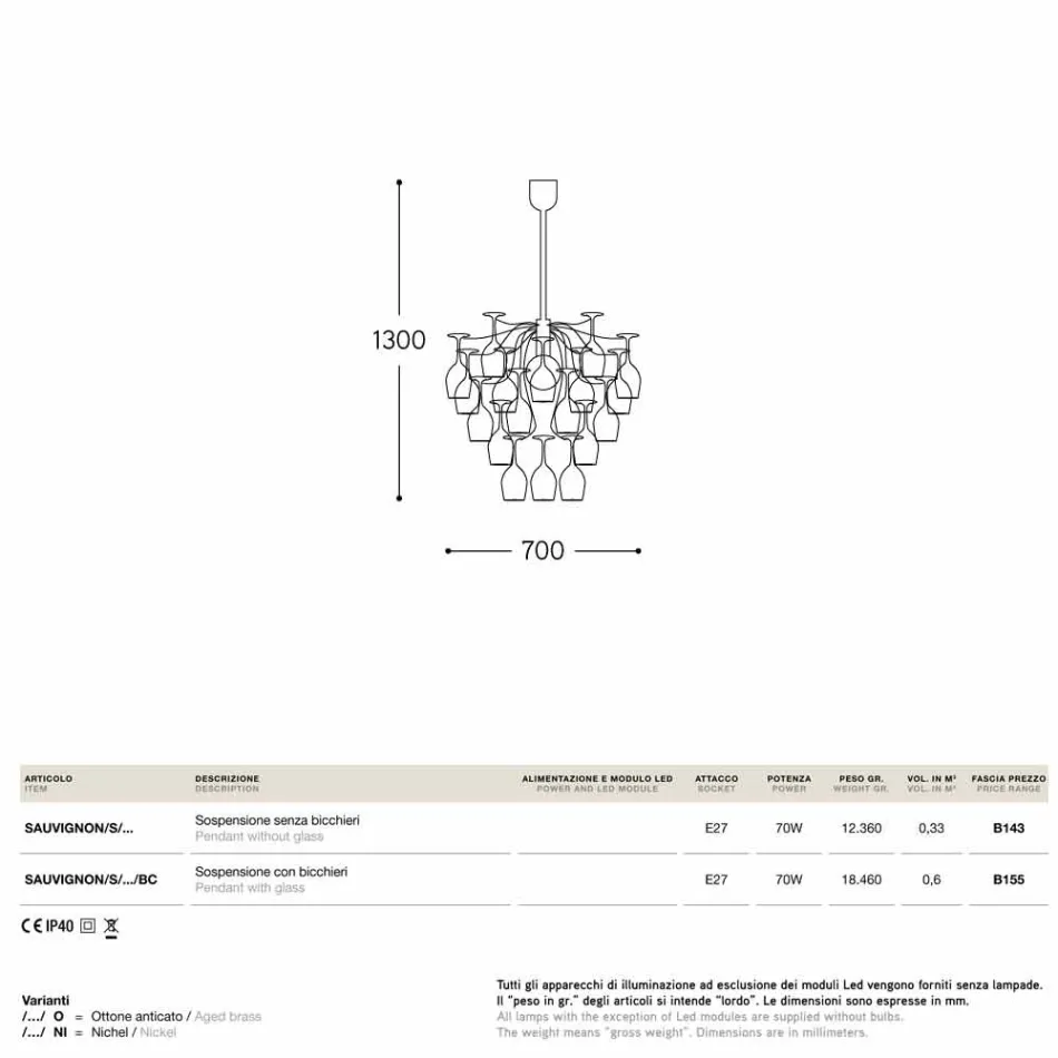 Lámpara colgante 30 vasos Sauvignon alza viadurini