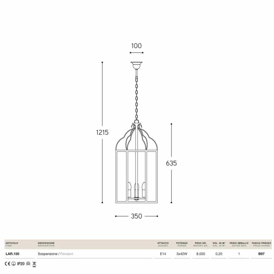 Lámpara de techo con 3 luces de latón y vidrio Turandot viadurini