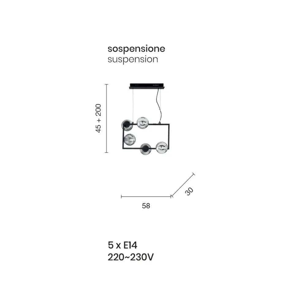 Lámpara de suspensión con 5 luces en metal y vidrio soplado moderno - Birga viadurini