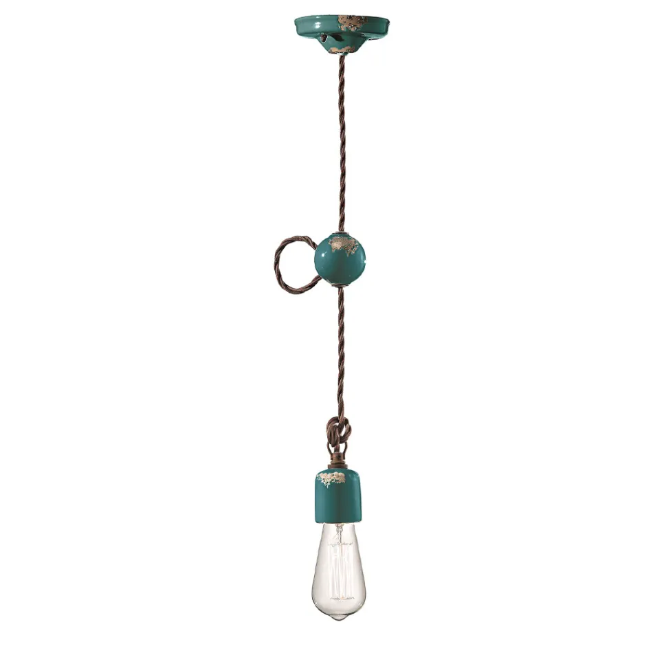 Lámpara de Suspensión Artesanal Industrial en Hierro y Cerámica - Vintage viadurini