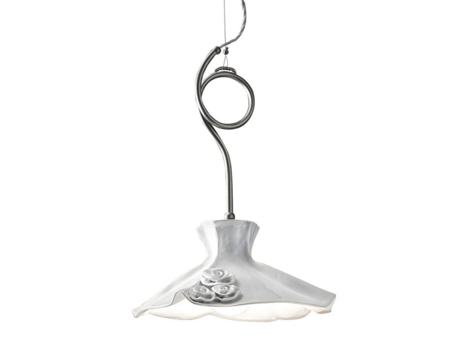 Lámpara de suspensión hecha a mano en cerámica pulida con rosas y hierro - Lecco viadurini