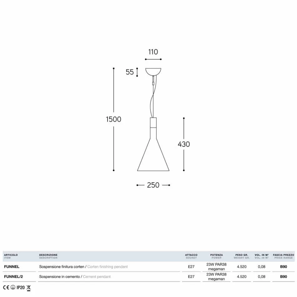 Lámpara colgante en Embudo concreto Aldo Bernardi viadurini