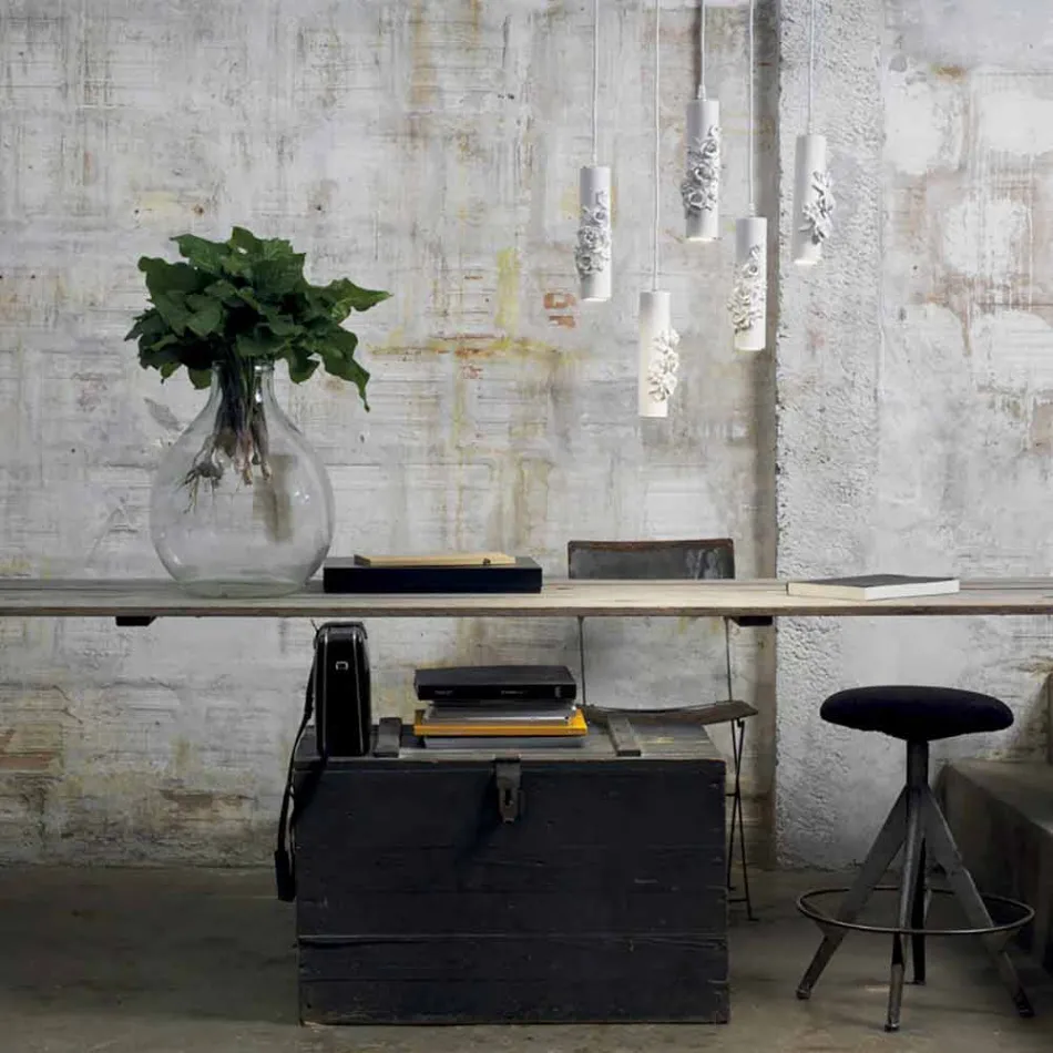 Lámpara de suspensión de cerámica blanca mate con flores decorativas - Revolution viadurini