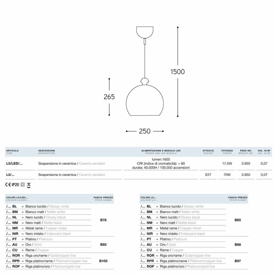 La lámpara colgante de esmalte de cerámica 5 Aldo Bernardi viadurini