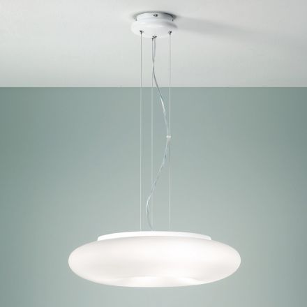 Lámpara de suspensión de vidrio blanco soplado y metal cromado - Ariana viadurini