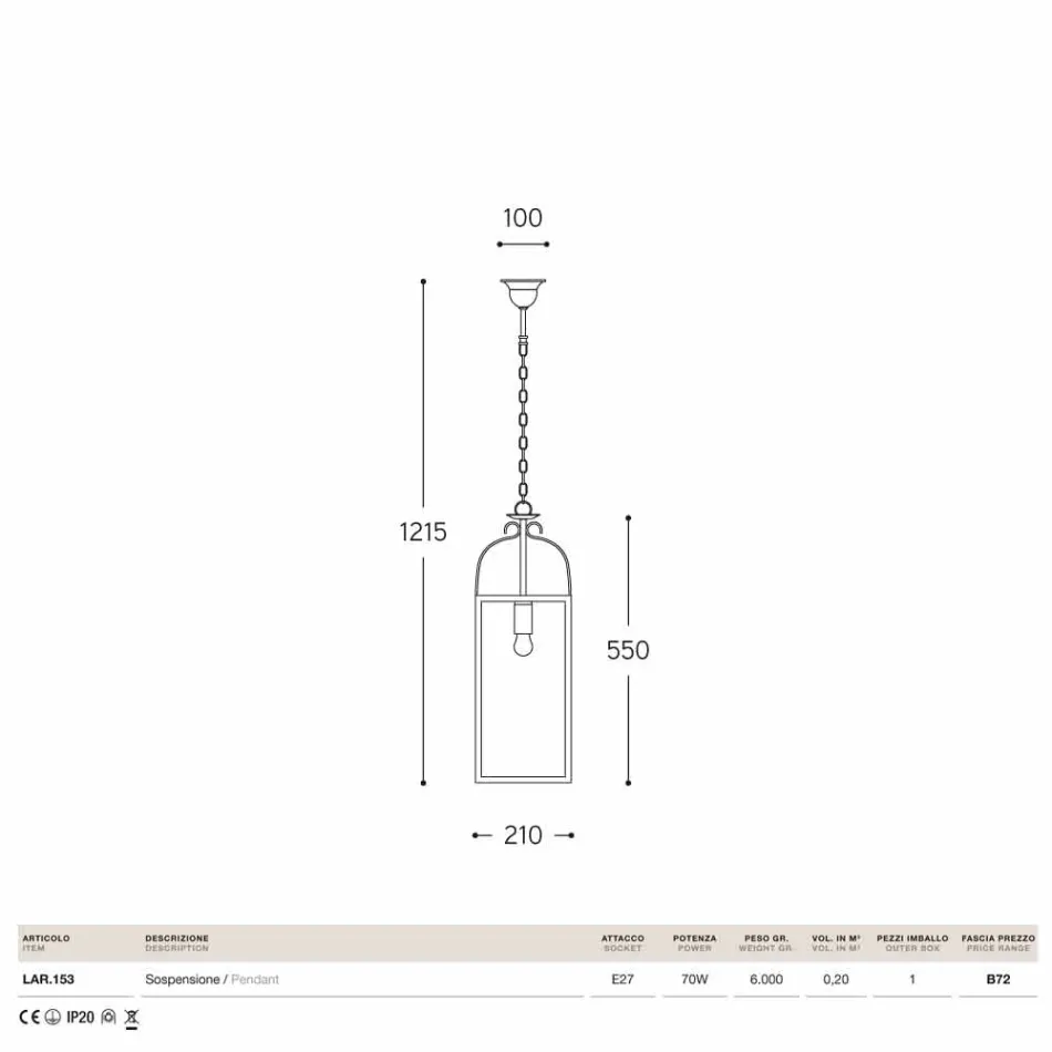 Lámpara de techo cuadrado con 1 bronce luz y cristal Aida viadurini