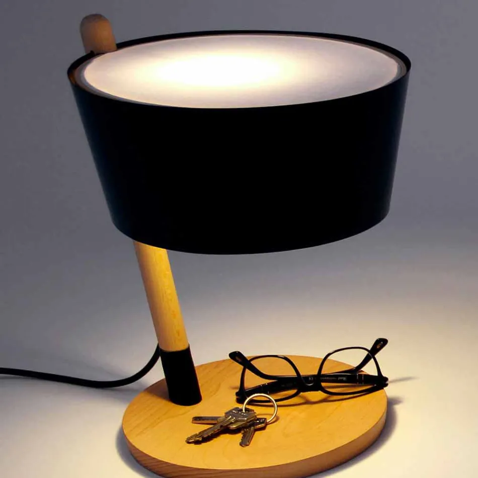 Lámpara de mesa en haya con detalles en metal y cuero vegano - Avetta viadurini