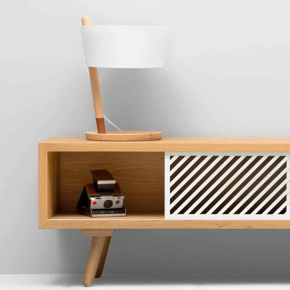 Lámpara de mesa en haya con detalles en metal y cuero vegano - Avetta viadurini