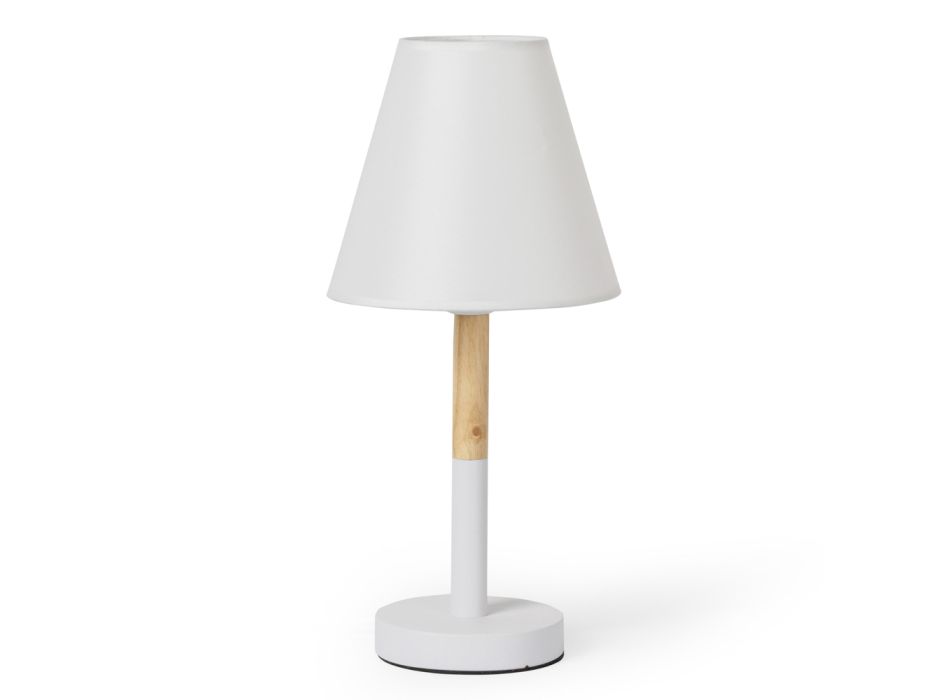 Lámpara de mesa de metal blanco y madera con pantalla de tela - Sannah viadurini