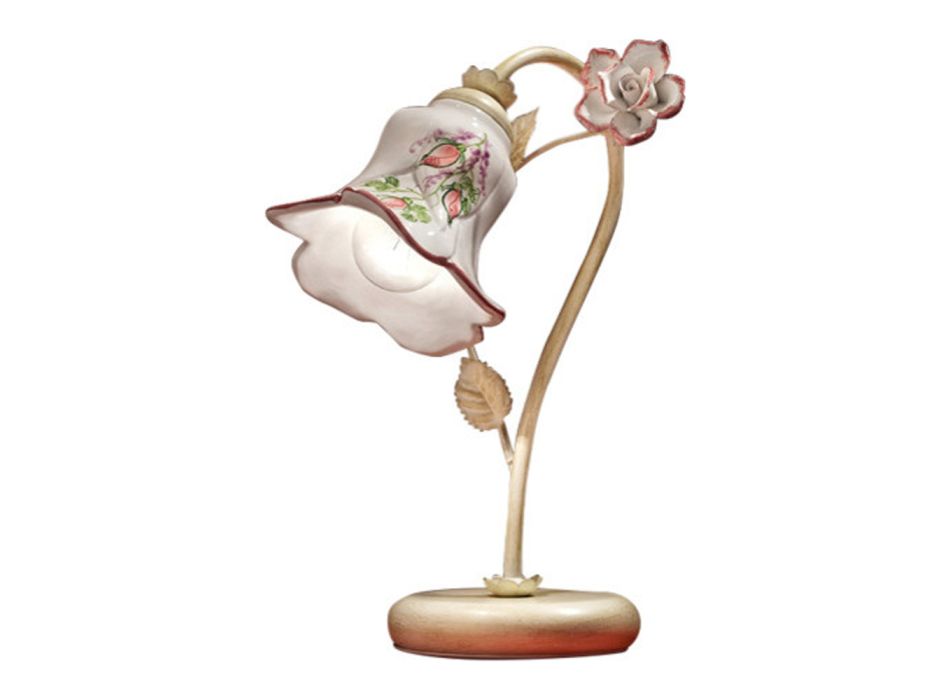 Lámpara de mesa en metal y cerámica decorada a mano con rosa - Pisa viadurini