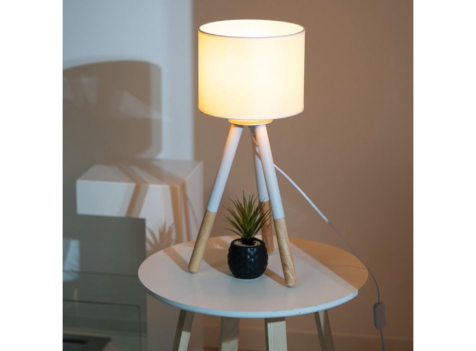 Lámpara de mesa en lona blanca con estructura de metal y madera - Fiona viadurini