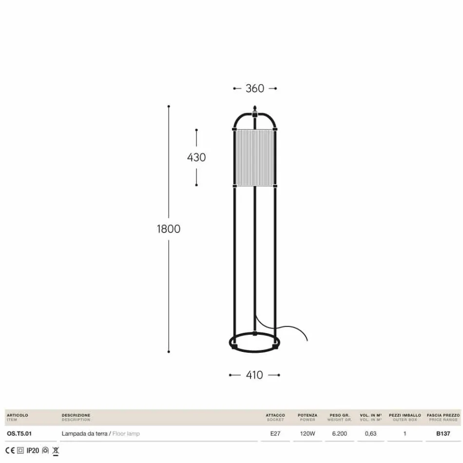 Lámpara de pie en bronce y tela Hua Hika viadurini