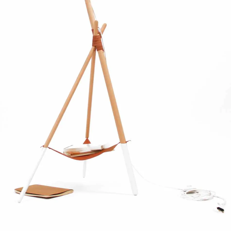 Lámpara de pie en madera y metal con detalles en piel vegana - Avetta viadurini