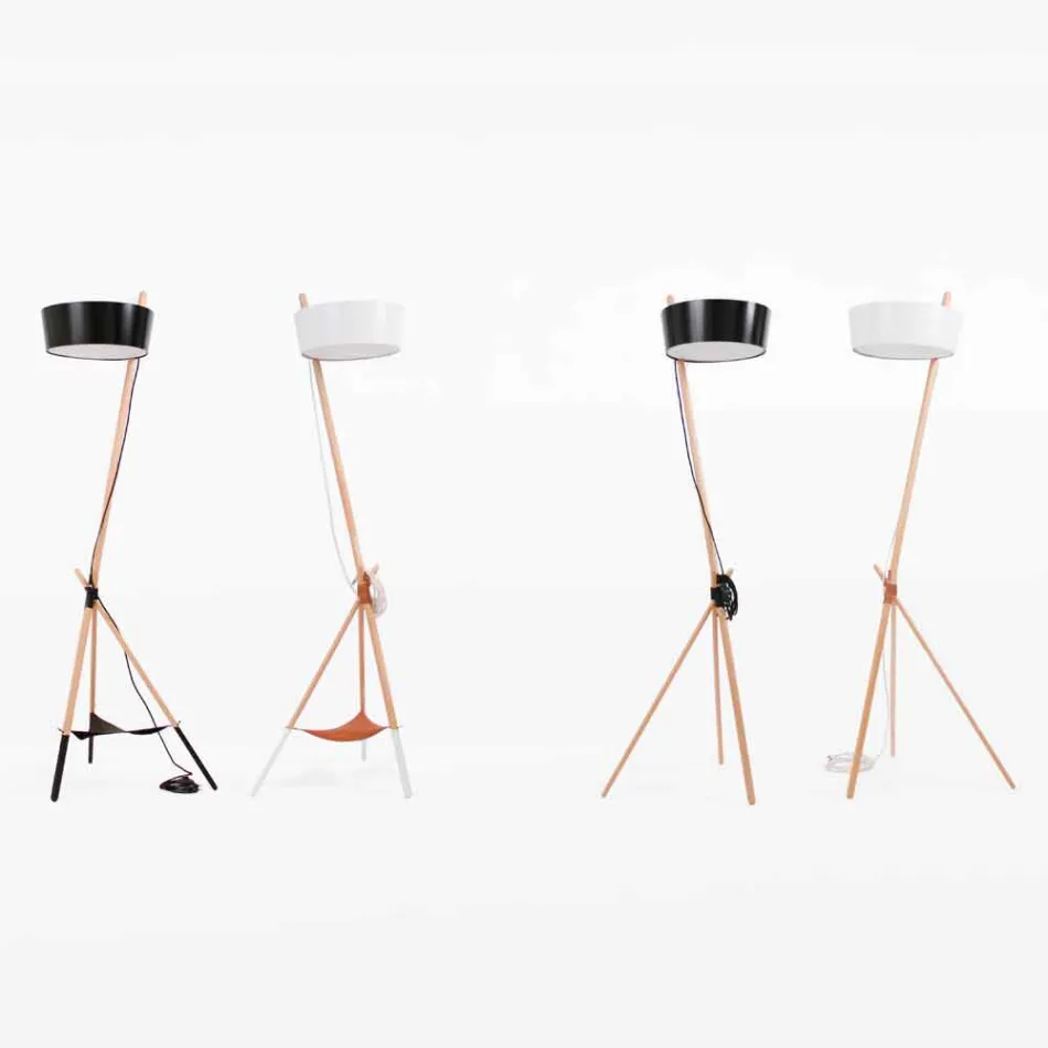 Lámpara de pie en madera y metal con detalles en piel vegana - Avetta viadurini