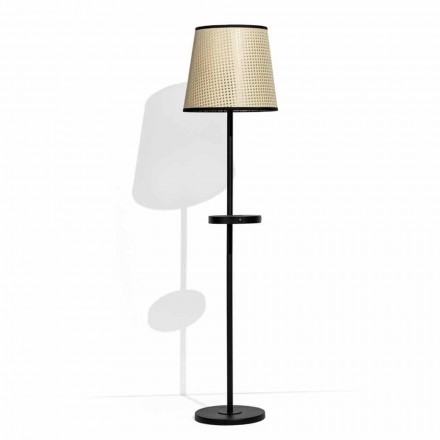 Lámpara de pie en metal negro y ratán con estante Made in Italy - Livia viadurini
