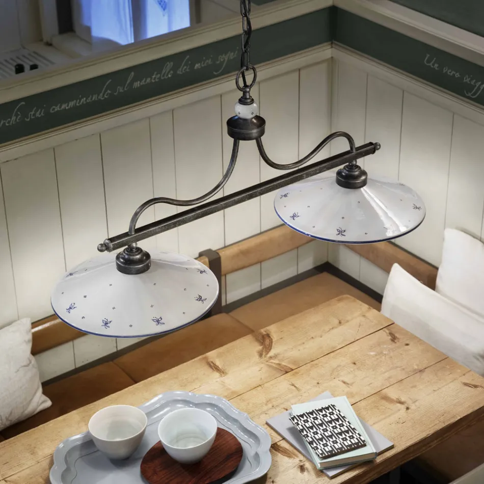 Lámpara colgante con 2 luces en cerámica pintada a mano y diseño de hierro - Asti viadurini