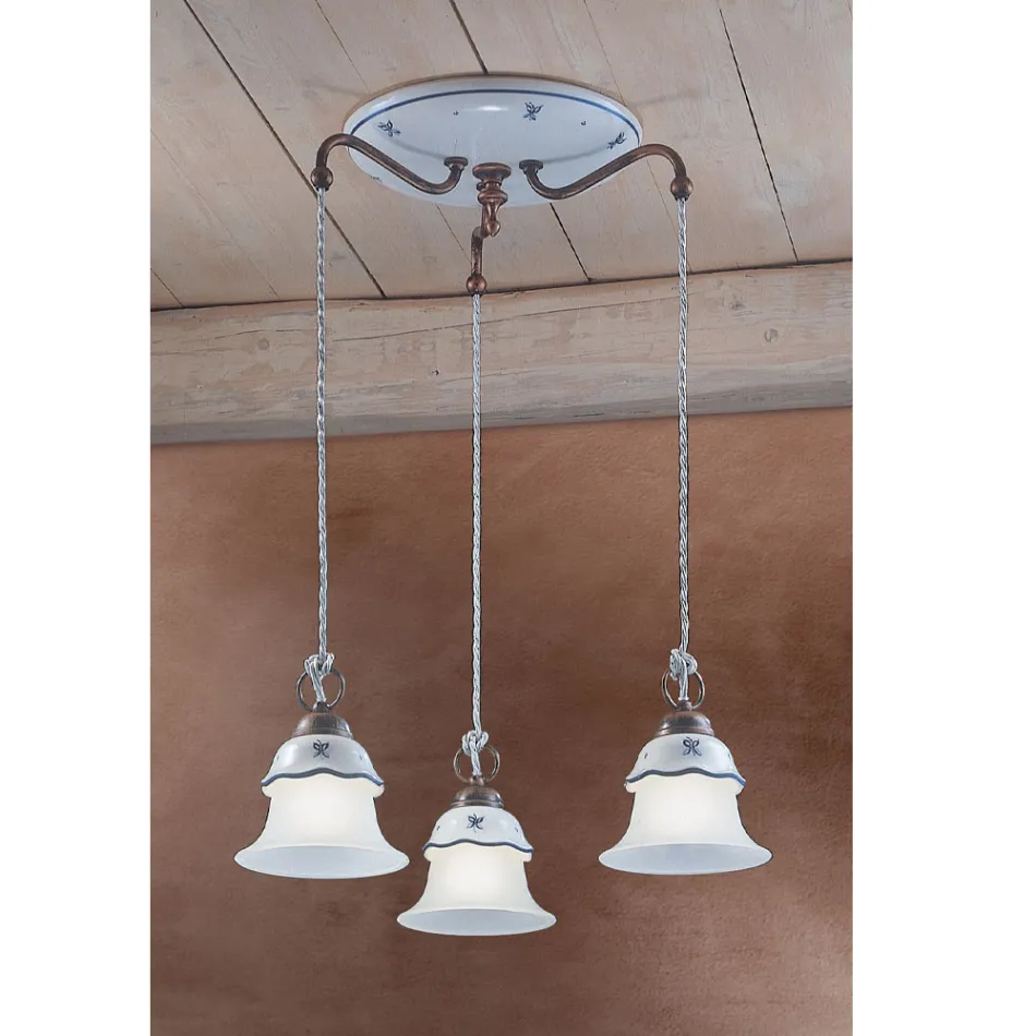 Lámpara colgante redonda en hierro, vidrio, cerámica pintada a mano - Ferrara viadurini