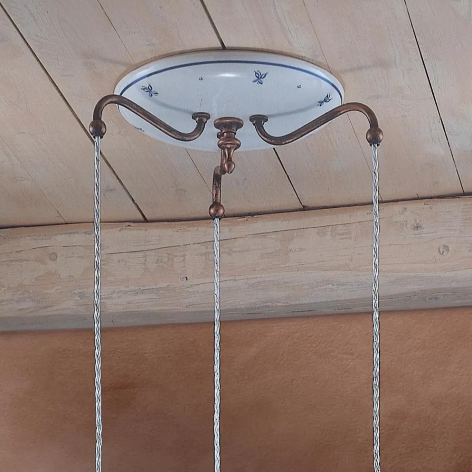 Lámpara colgante redonda en hierro, vidrio, cerámica pintada a mano - Ferrara viadurini