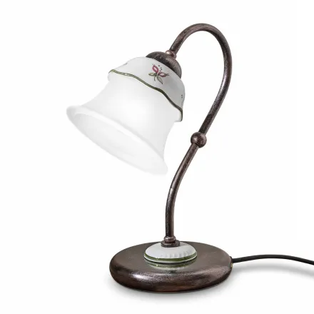 Lámpara de mesa vintage de hierro, vidrio y cerámica pintada a mano - Ferrara viadurini