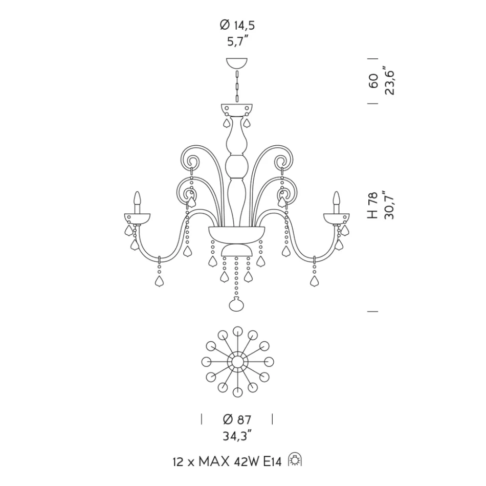 Araña artesanal de 12 luces en vidrio veneciano y metal - Florentino viadurini