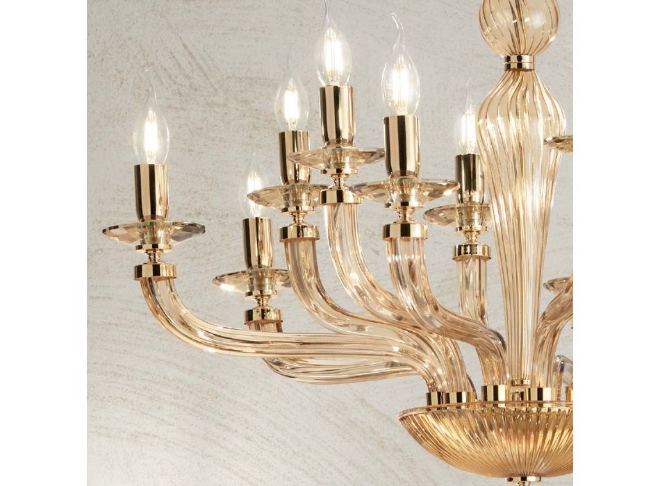 Lámpara de araña clásica de 12 luces en vidrio Rigaton hecho a mano y metal dorado - Fievole viadurini