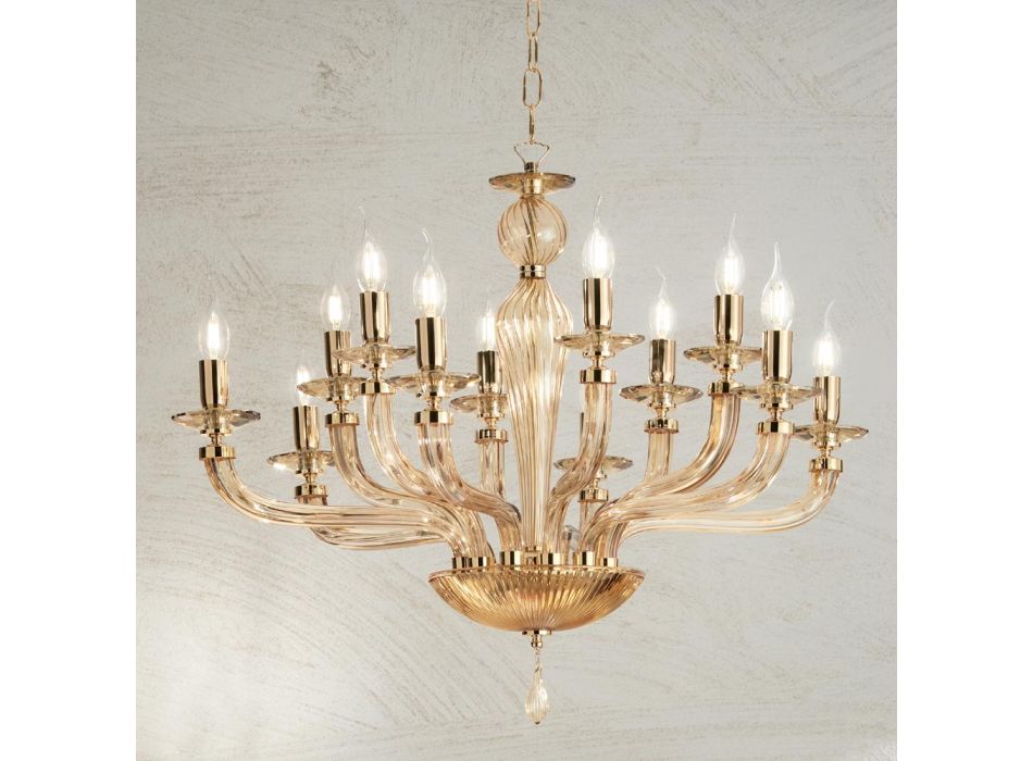 Lámpara de araña clásica de 12 luces en vidrio Rigaton hecho a mano y metal dorado - Fievole viadurini