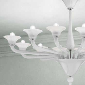 Araña de 12 luces en cristal veneciano blanco y metal cromado - Ismail
