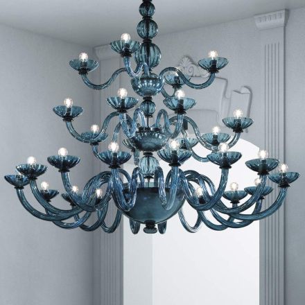 Araña artesanal 28 luces en cristal veneciano azul y metal - Foscarino viadurini