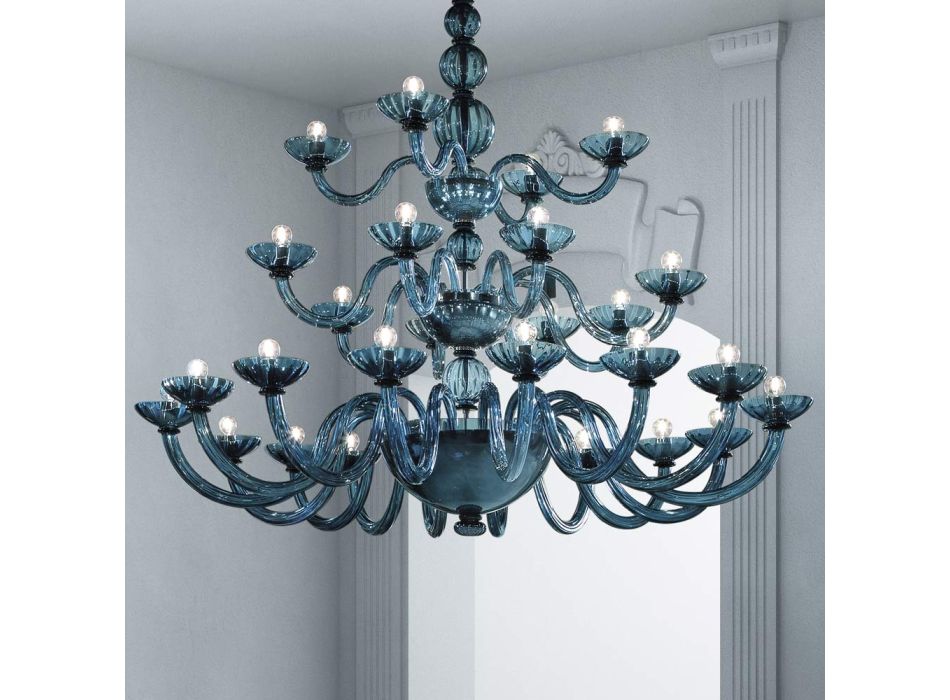 Araña artesanal 28 luces en cristal veneciano azul y metal - Foscarino