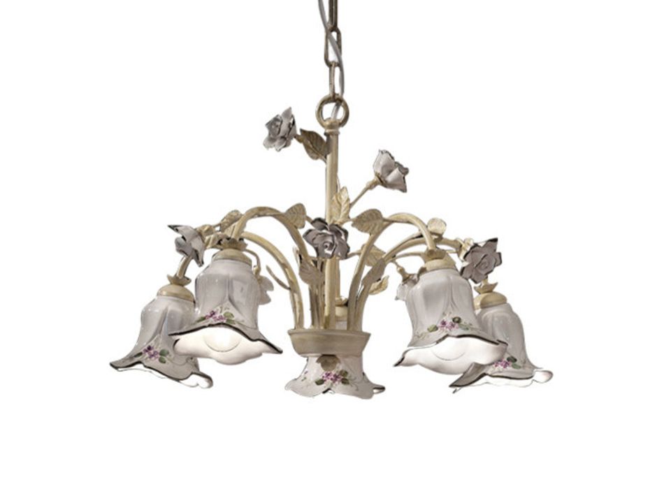 Araña de 5 luces en metal y cerámica decorada a mano y rosas - Pisa viadurini