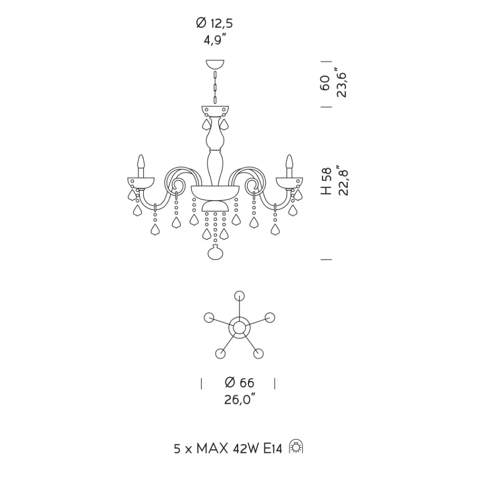 Araña de 5 Luces en Vidrio Veneciano y Metal Clásico - Estilo Florentino viadurini