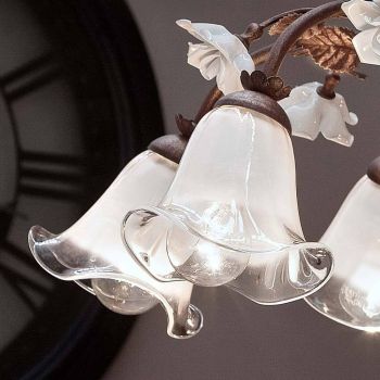 Araña de 8 luces en hierro y vidrio arenado con rosas de cerámica - Siena