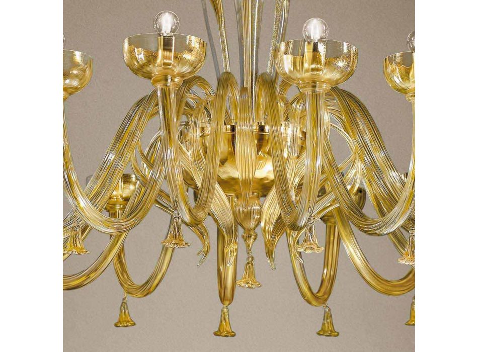 Araña de 16 luces en vidrio veneciano y oro, hecha a mano en Italia - Regina