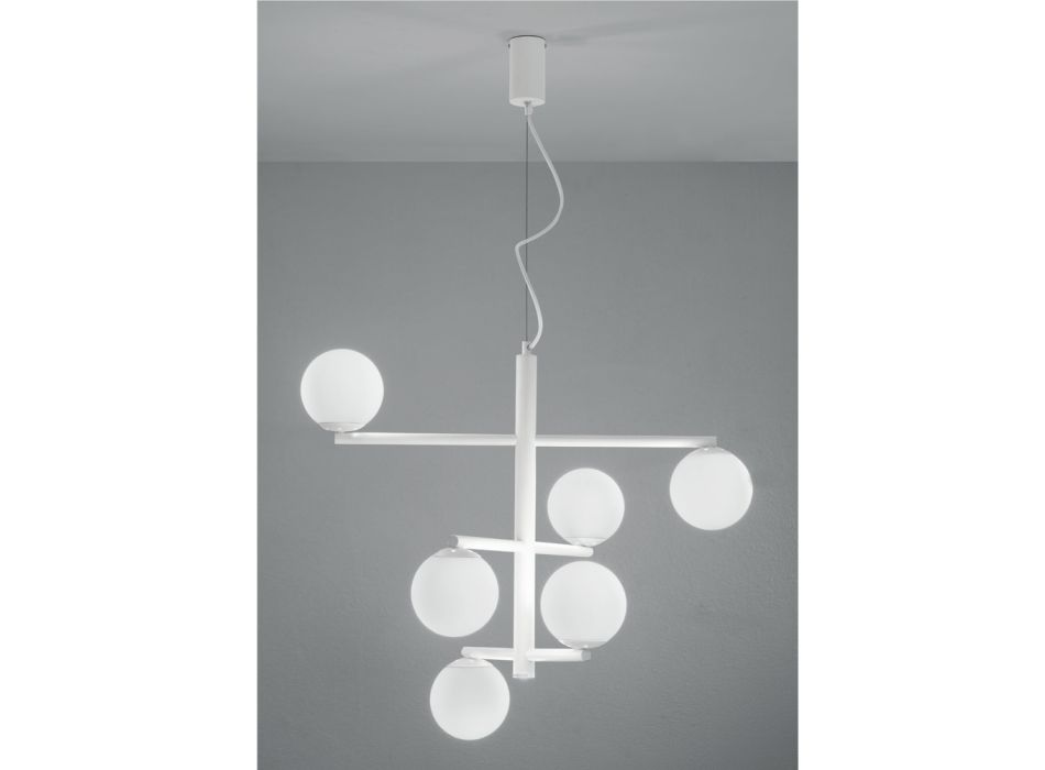 Araña de luces de 6 luces de metal pintado con difusores de vidrio - Lido viadurini