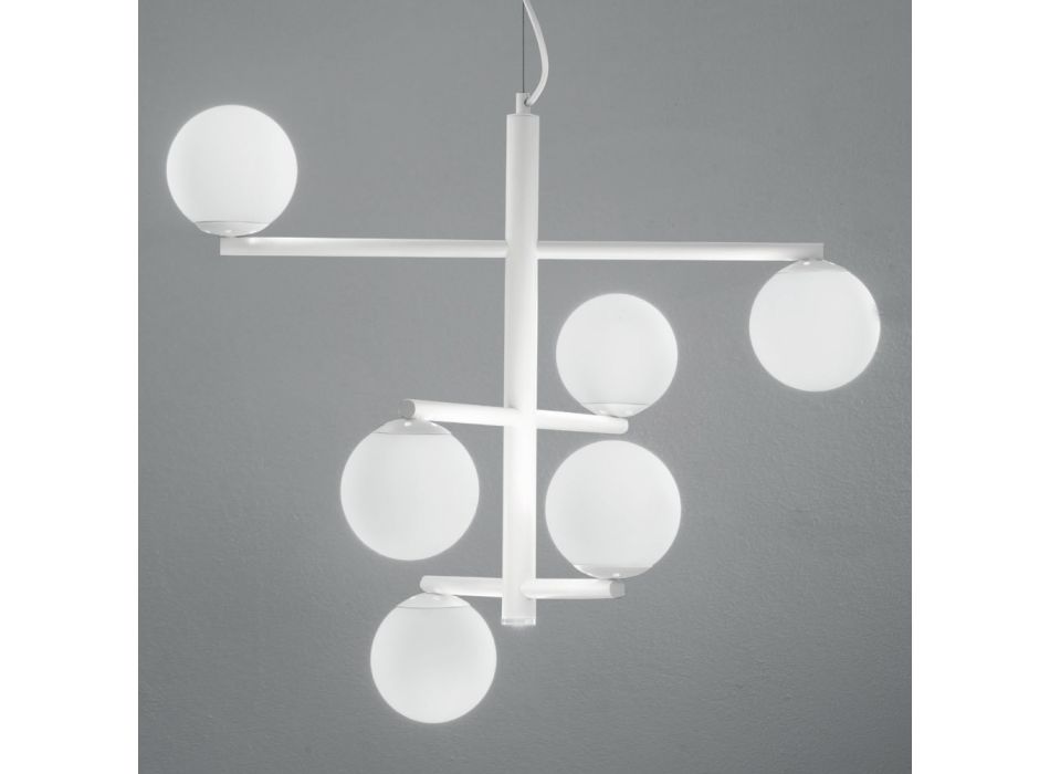 Araña de luces de 6 luces de metal pintado con difusores de vidrio - Lido viadurini
