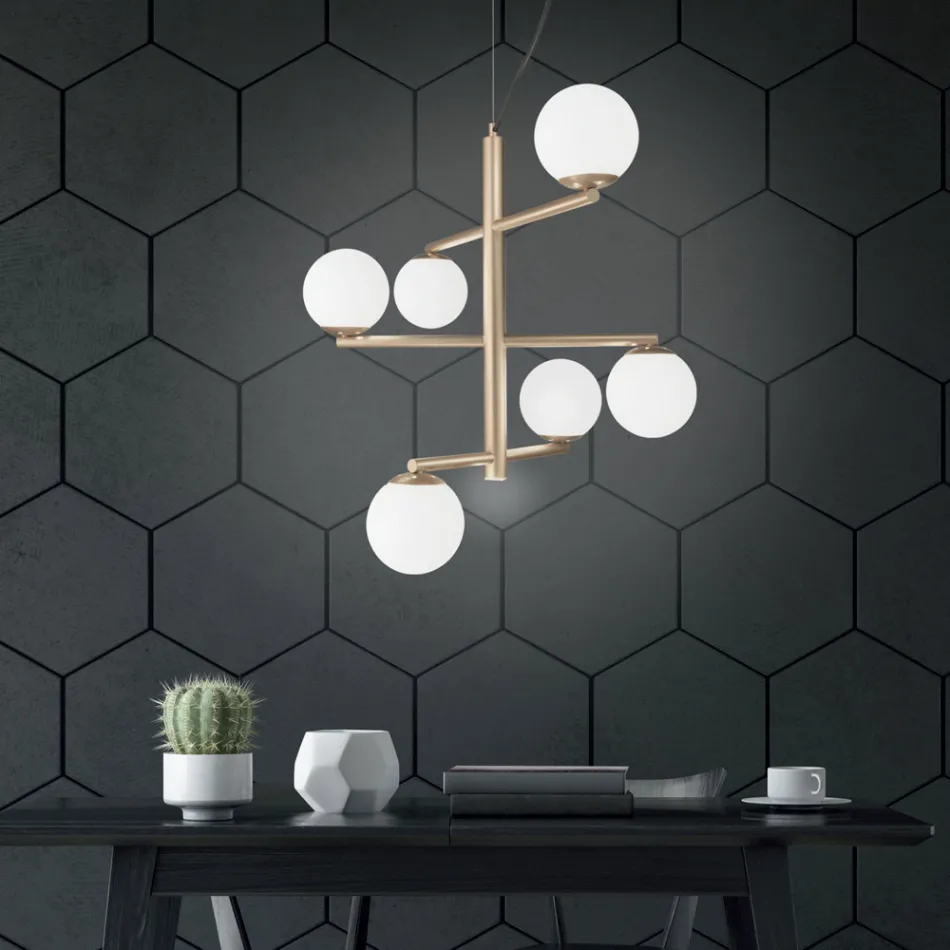 Araña de luces de 6 luces de metal pintado con difusores de vidrio - Lido viadurini