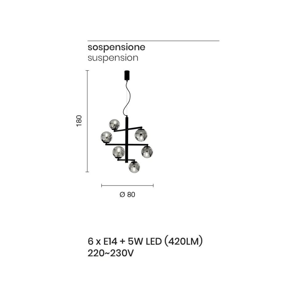 Araña de luces de 6 luces de metal pintado con difusores de vidrio - Lido viadurini