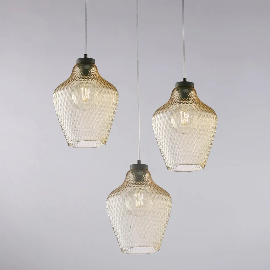 Lámpara colgante de metal y vidrio negro de 3 luces Alnitak viadurini