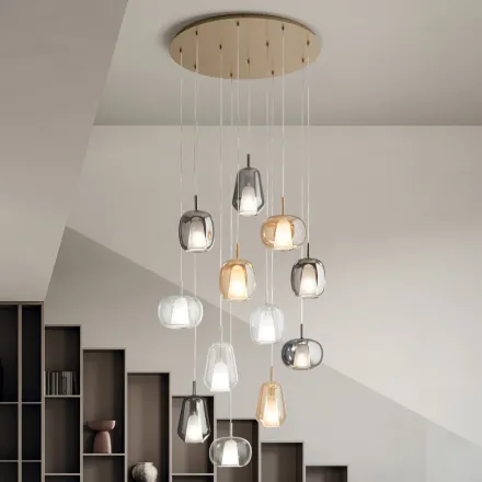 Lámpara de araña de 12 luces de cristal y alambre transparente fabricada en Italia - Trilly viadurini