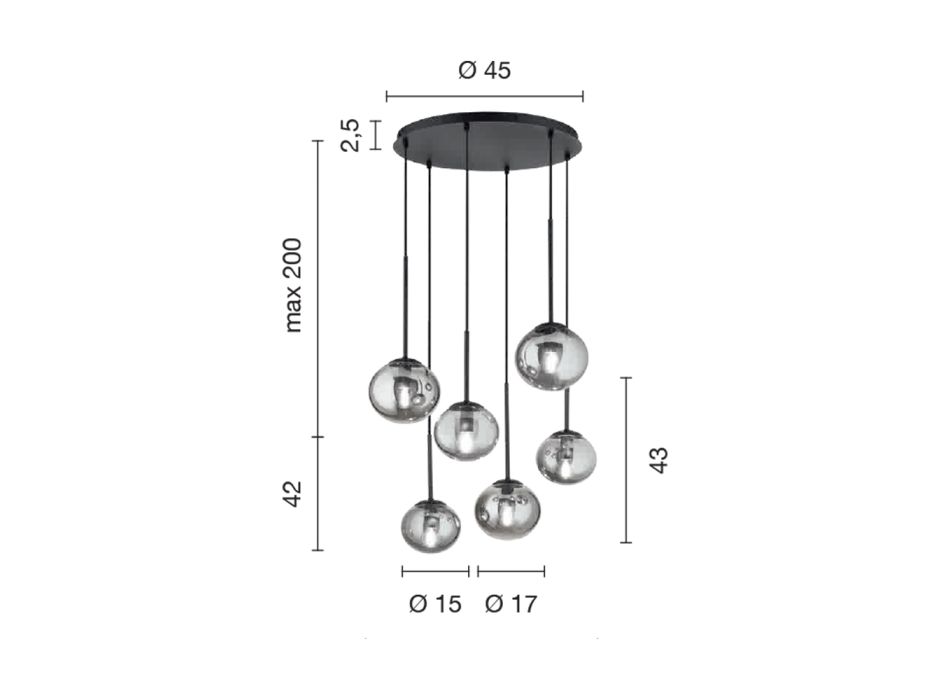 Araña de 6 LEDs en Metal Pintado Negro y Vidrio Soplado - Ailanto viadurini
