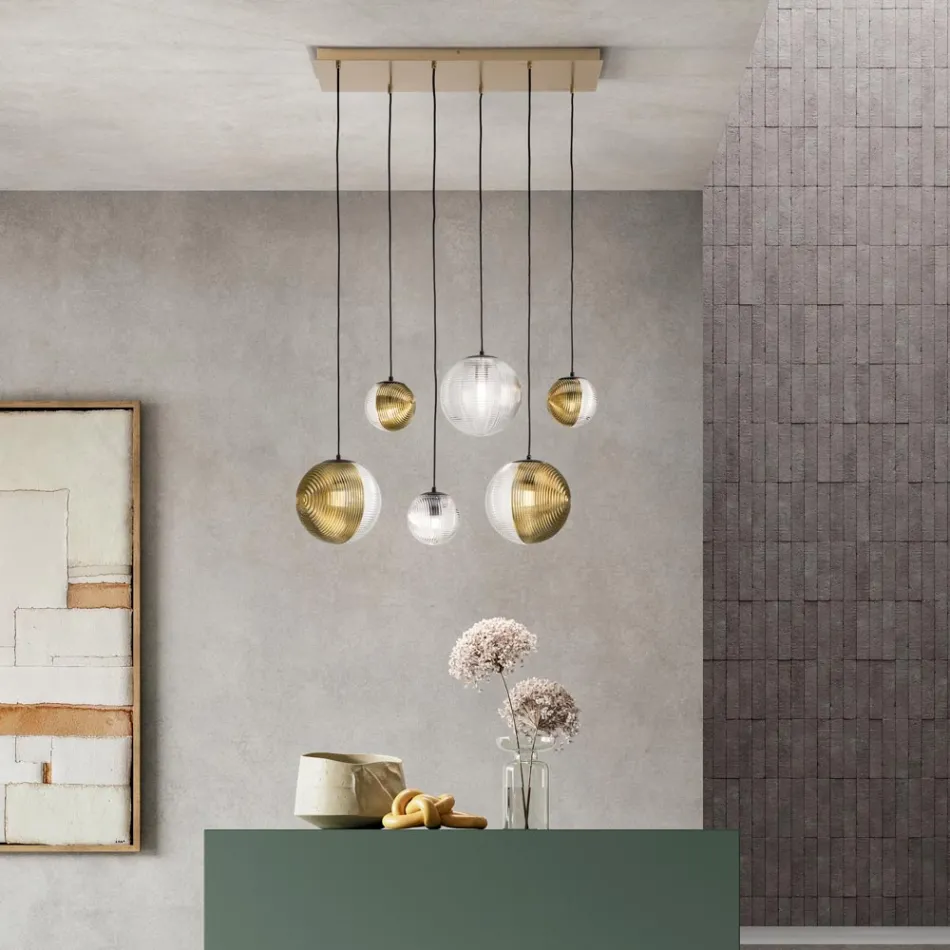 Lámpara de araña de 6 luces de cristal soplado en forma de esfera fabricada en Italia - Prilla viadurini